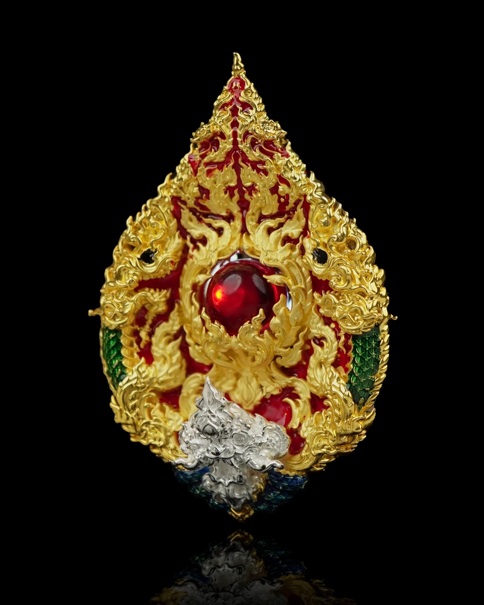 เหรียญมณีนาคราชแก้วบุญฤทธิ์ รหัส3 เนื้อบรอนซ์ชุบ2K ลงยาแดงเขียว