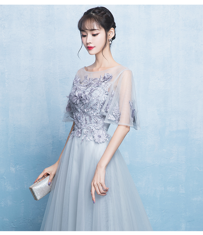 Pre-order ชุดราตรียาวสีเทาแต่งลูกไม้ช่วงอกกระโปรงตาข่ายเชือกผูกหลัง