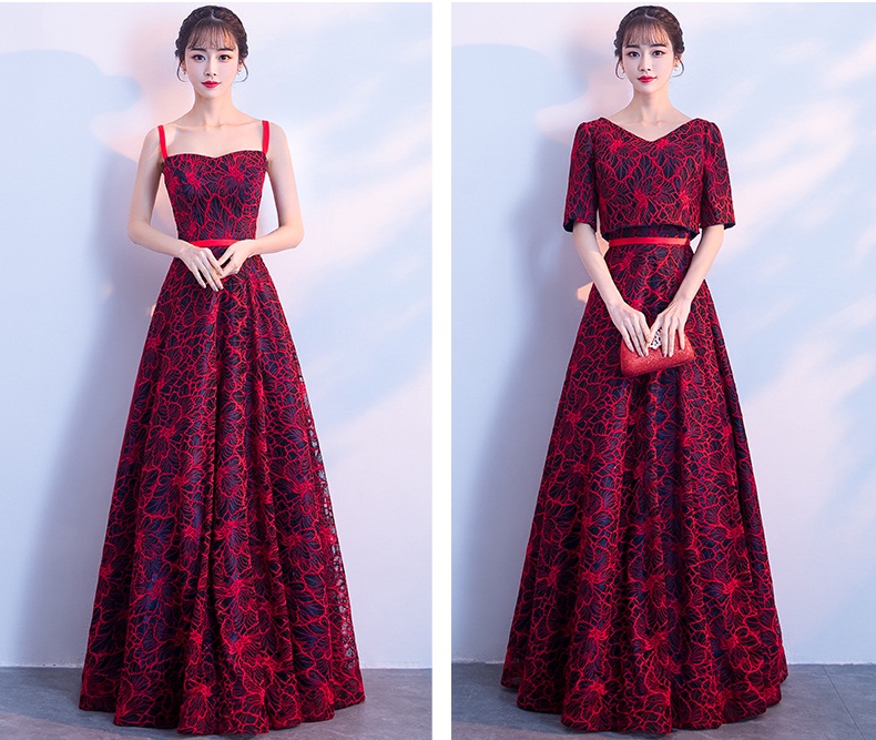 ชุดราตรียาวแขนสามส่วนลายดอกไม้เรียบหรู (เชือกผูกหลัง)