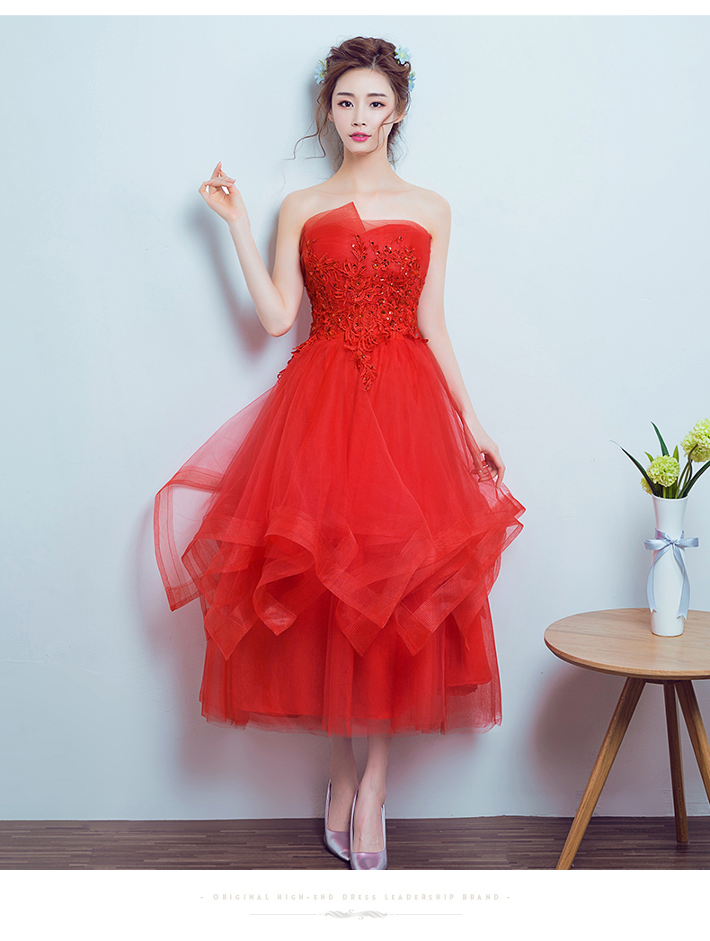 Pre-order ชุดราตรียาว เกาะอก จับเดรป สีแดง กระโปรงตาข่าย อกแต่ง ลูกไม้ ปักเลื่อม เชือกผูกหลัง