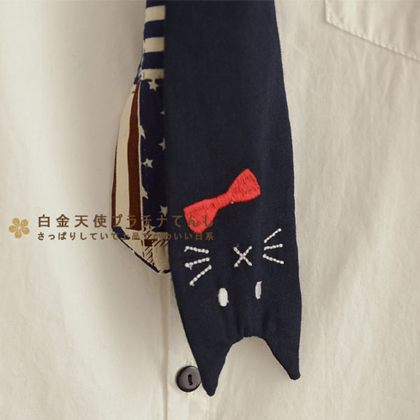 เสื้อเชิ้ตแฟชั่นญี่ปุ่น แขนยาว แต่งเนคไทปักลายแมว (12091LM)