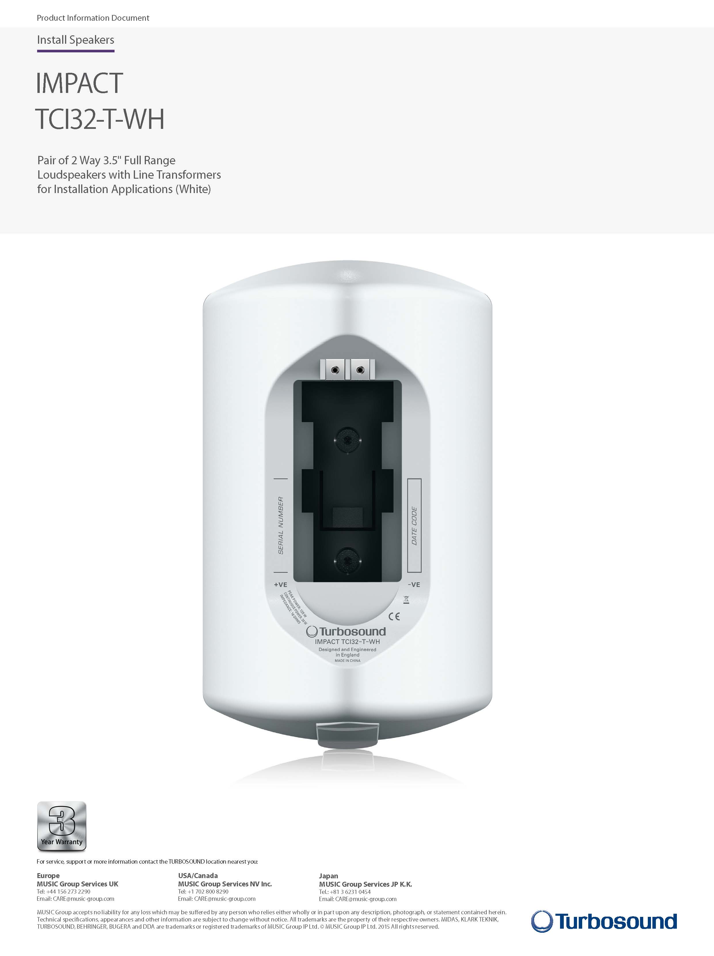 TURBOSOUND TCI32-T-WH ตู้ลำโพงติดผนัง ขนาด 3.5 นิ้ว 2 ทาง 120 วัตต์