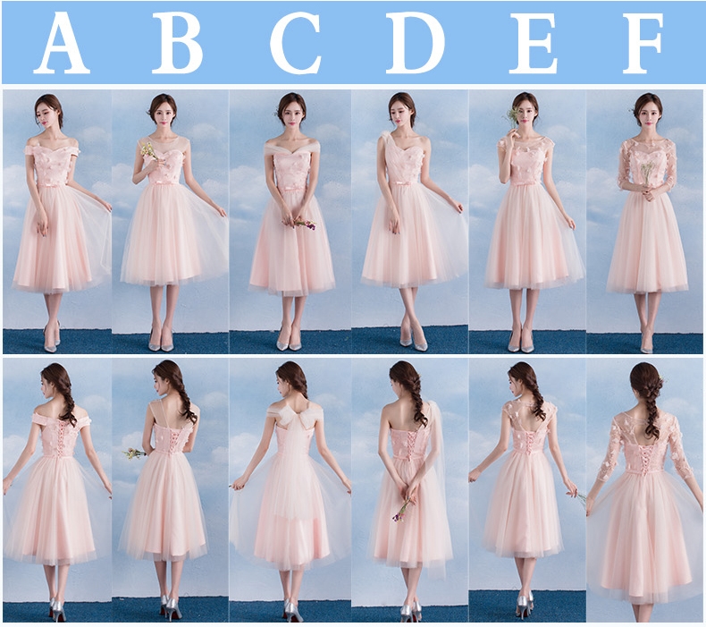 Pre-order ชุดราตรีสั้น ชุดเพื่อนเจ้าสาว ช่วงบนตกแต่งด้วยผ้าลูกไม้ คาดโบว์ที่เอว กระโปรงตาข่าย มีหลายแบบ สีชมพู (เชือกผูกหลัง)