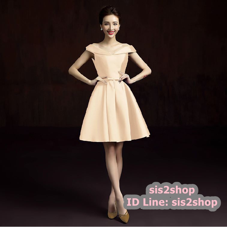 พร้อมส่ง ชุดราตรีสั้น แบบไหล่ปาด สไตล์วินเทจผ้าไหมดัชเชส กระโปรงทรงA แต่งโบว์ช่วงเอว (เชือกผูกหลัง) สีครีม Champagne