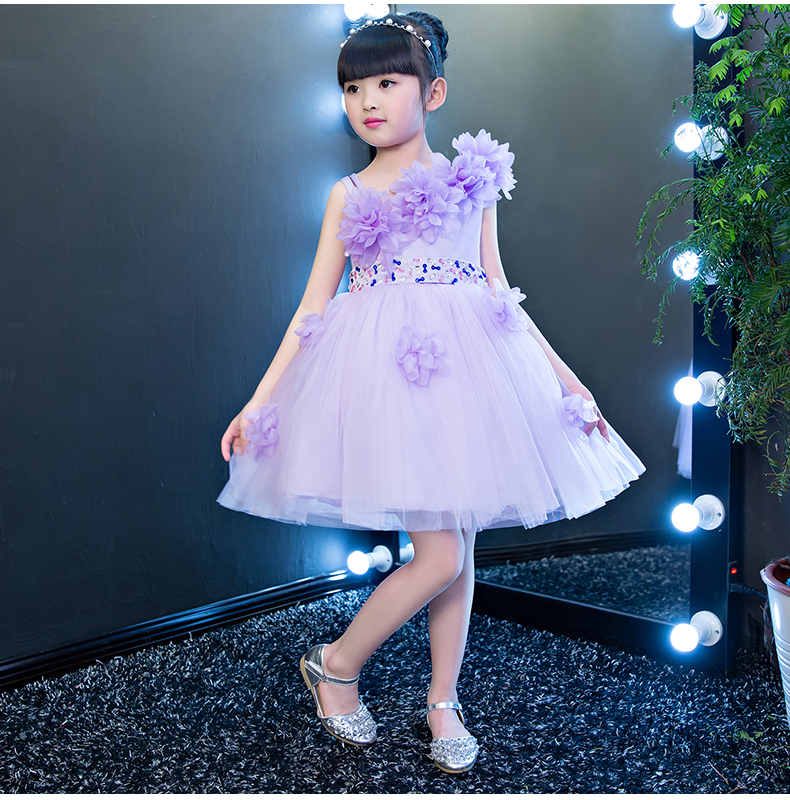 Pre-order ชุดราตรีเด็ก สีม่วง ไหล่เฉียง แต่งดอกไม้ ปักเลื่อมคาดเอว กระโปรงพองสวย ซิปหลัง