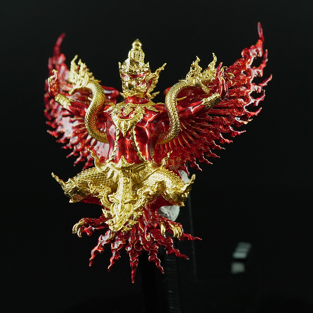 พญาครุฑพิษฐาน รหัส 14 เนื้อชนวนชุบทองลงยากายแดง ปีกลงยาแดง