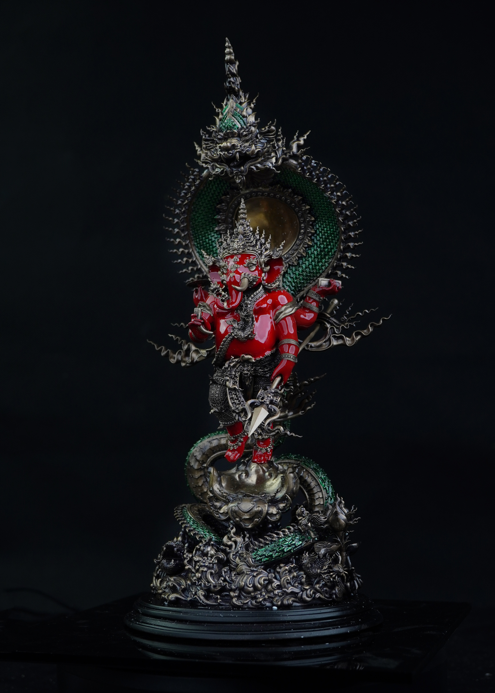 🕉️ พระพิฆเนศ รุ่น มหาปรมาตมันคณปติ เนื้อบรอนซ์นอก Duotone พระคเณศลงสีเซรามิคแดง นาคลงสีเซรามิคเขียว ความสูง 30 ซม.