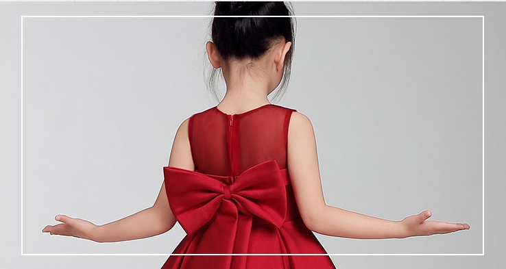 Pre-order ชุดราตรีเด็ก ชุดออกงาน ชุดกระโปรง สไตล์เจ้าหญิง แขนกุด ผ้าไหมดัชเดช คาดเอวด้วยโบว์ กระโปรงจับจีบ แต่งโบว์ด้านหลัง มีซิป