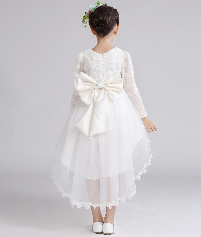 Pre-order ชุดราตรีเด็ก หน้าสั้นหลังยาว แขนยาว ผ้าลูกไม้ กระโปรงตาข่าย ปักเลื่อม แต่งดอกไม้ แต่งโบว์ ซิปหลัง