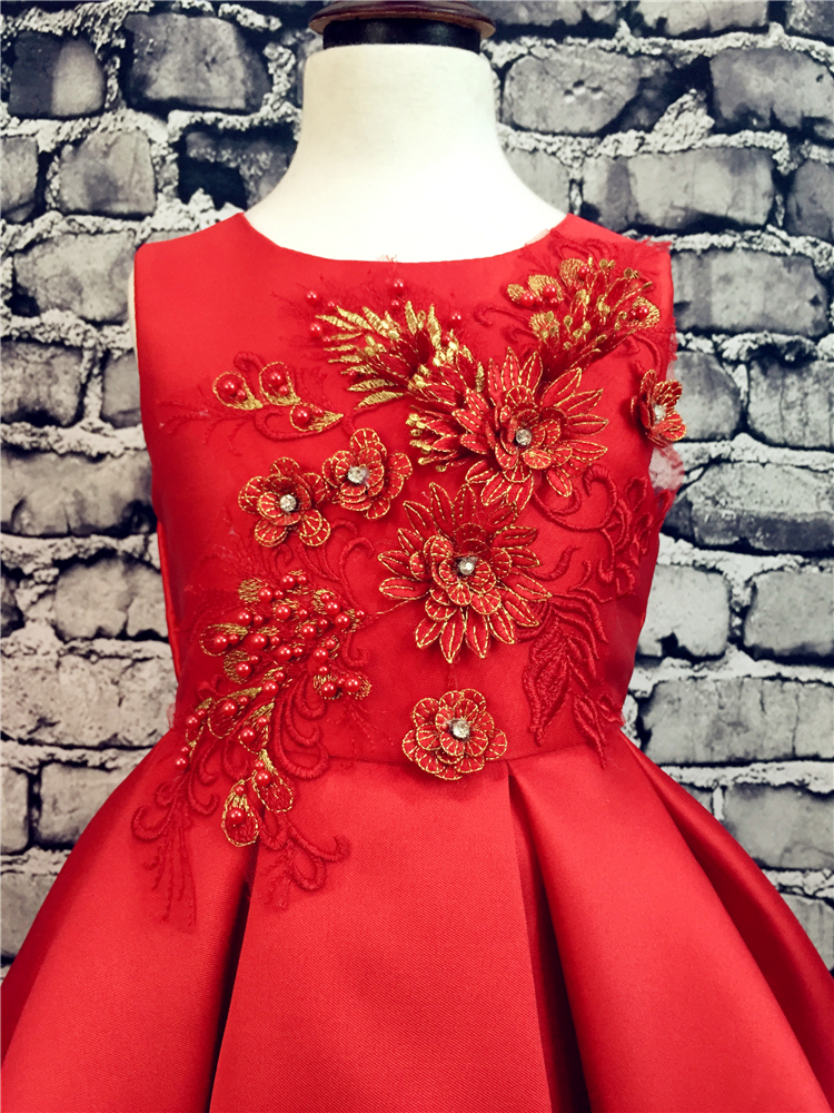 Pre-Order ชุดราตรีเด็ก สไตล์เจ้าหญิง แขนกุด คอกลม แต่งมุก ลูกไม้ สีแดง สีเทา