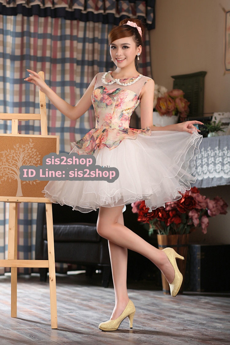 พร้อมเช่า ชุดแฟนซี ชุดราตรีสั้น หวานแบบ Vintage ผ้าโปร่งลายดอกไม้ กระโปรงผ้าแก้วสีขาว สวยหวาน