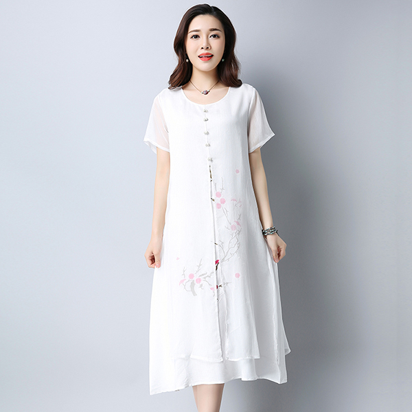 เดรสยาวผ้าฝ้ายญี่ปุ่นปักลายดอก ชายพริ้วสวย (11811M)