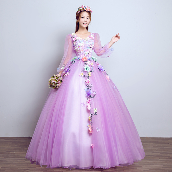 Pro-order ชุดราตรี ชุดแฟนซียาว แขนยาว คอวี ผ้าแก้ว แต่งดอกไม้แฮนด์เมด สไตล์เจ้าหญิง กระโปรงพองสวย เชือกผูกหลัง สวยหรู