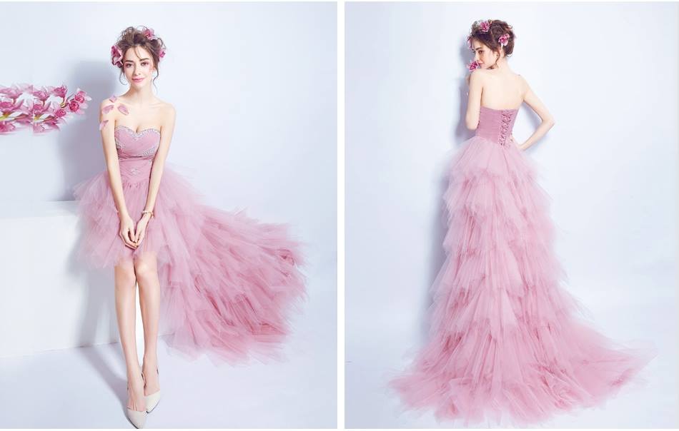 Pre-order ชุดแฟนซี ชุดราตรีสั้น หน้าสั้นหลังยาว สีชมพู เกาะอก จับจีบ ปักเลื่อมช่วงอก กระโปรงเป็นชั้น เชือกผูกหลัง