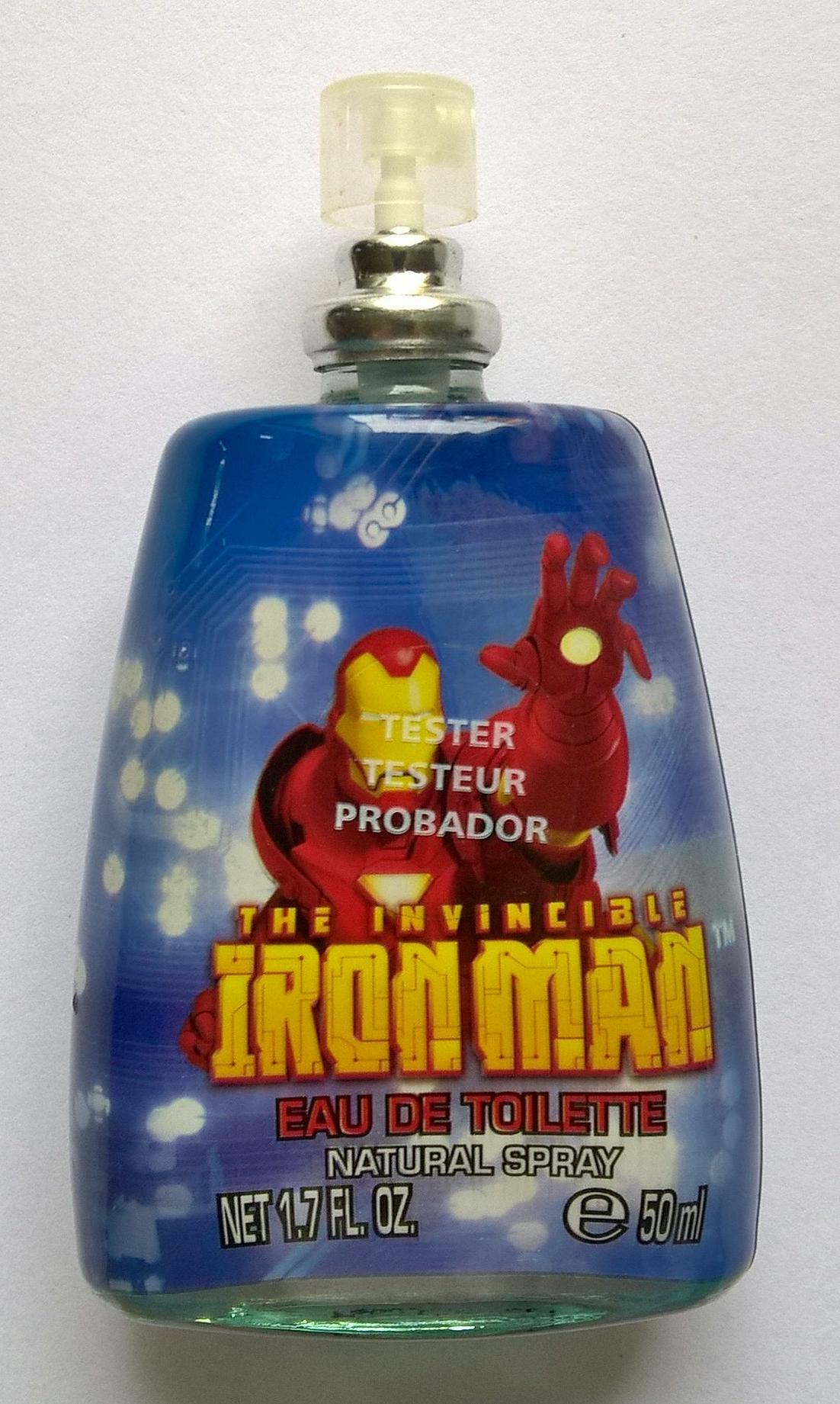 ขายของสะสมขวดน้ำหอม edt ขวดไออ้อนแมน IRON MAN ขวดแก้ว เป็นพลาสลิกพิมพ์ลายหุ้มขวด ฝาทรงสูงสีแดงครอบไว้เฉยๆ กดคลิกไม่ได้ มีกล่องตามภาพ