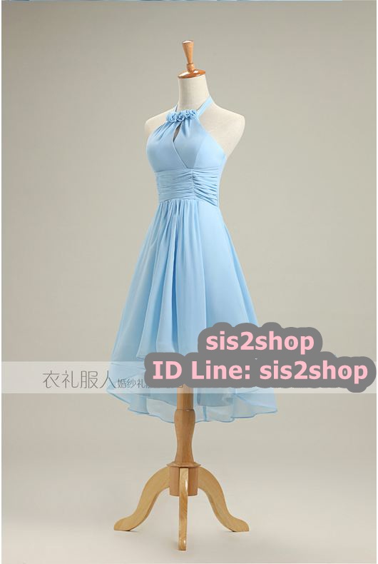 พร้อมส่ง ชุดราตรีสั้น สีฟ้าอ่อน ชุดเพื่อนเจ้าสาว แบบคล้องคอ ผ้าชีฟอง