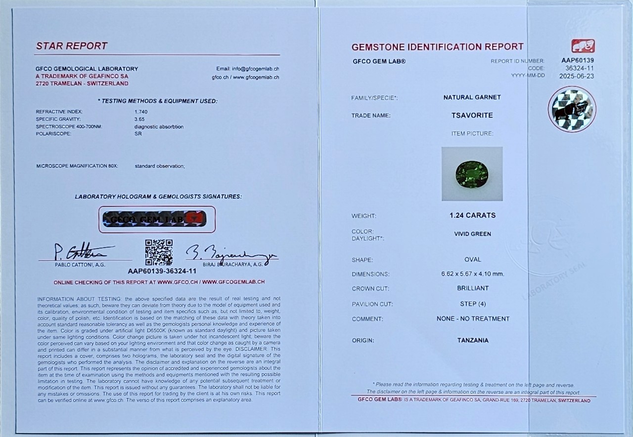 พลอย ซาโวไรท์ Tsavorite Garnet 1.24 กะรัต (Cts.) ดิบ Unheated พร้อมใบเซอร์ อัญมณีมงคลประจําวันเกิด เครื่องประดับพลอย