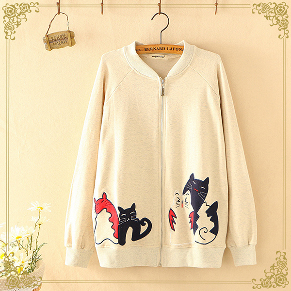 สื้อแจ็คเก็ตกันหนาววิจเทจ ปักลายแมว แต่งกระเป๋าคู่ (12310LM)