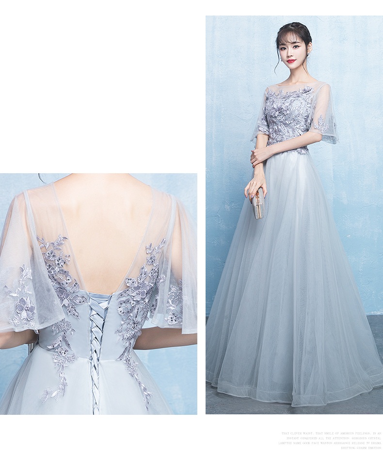 Pre-order ชุดราตรียาวสีเทาแต่งลูกไม้ช่วงอกกระโปรงตาข่ายเชือกผูกหลัง