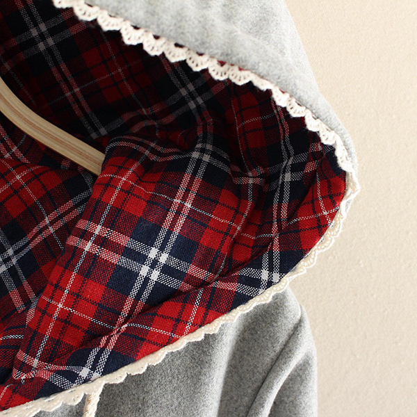 เสื้อโค้ทกันหนาวซับผ้าทอลายตาราง มีฮู้ด แต่งกระเป๋าลายไก่ (11384LM)