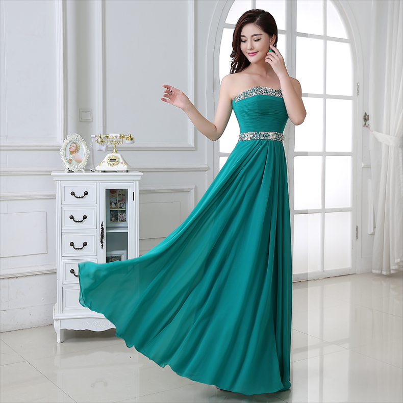 Pre-order ชุดราตรียาว เกาะอก สีฟ้าคราม ผ้าชีฟอง ปักเลื่อมที่อก และเอว ซิปหลัง