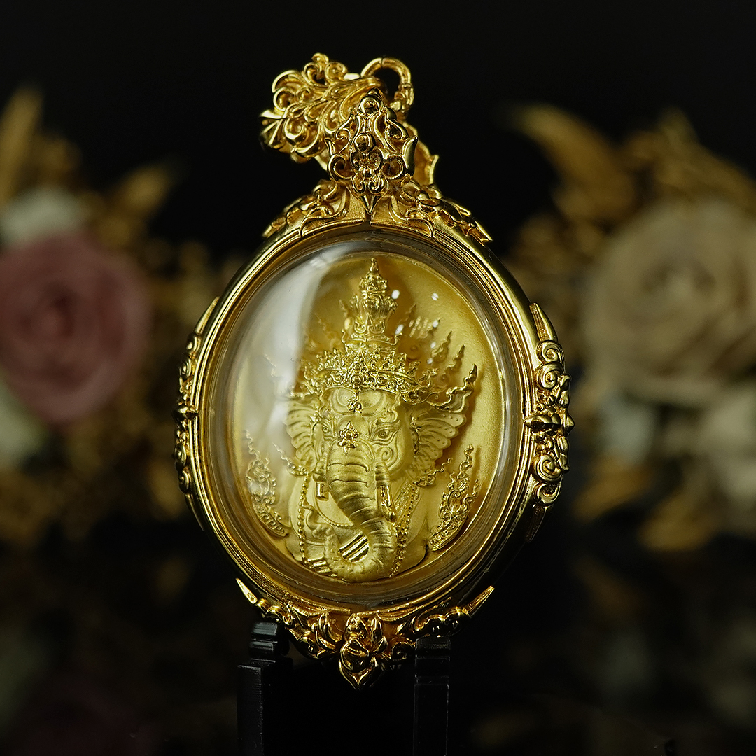 พระพิฆเณศพรคเณศลิขิต รายการที่9 เนื้อสัมฤทธิ์ชุบทอง เลี่ยมเข้ากรอบเนื้อทองเหลืองชุบทอง