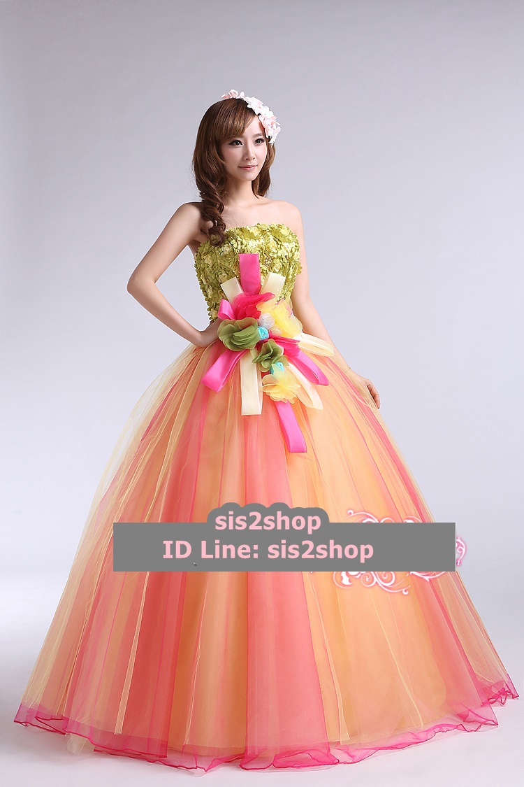 พร้อมเช่า ชุดแฟนซี ชุดราตรี สีส้ม แต่งลูกไม้ 3D สีเขียว (เชือกผูกหลัง)