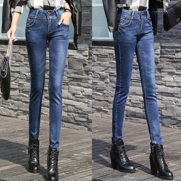 กางเกงยีนส์กันหนาวเอวปกติ ทรงสลิม ซับกำมะหยี่ใส่ติดลบได้ (11716X)