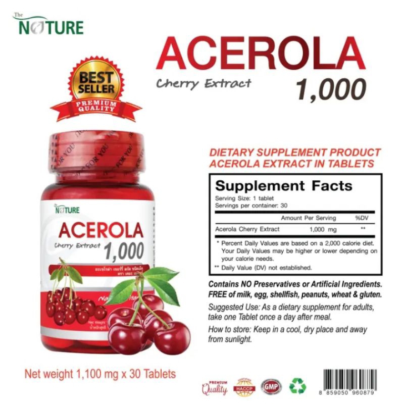 5 PV. วิตามินซี อะเซโรล่า เชอร์รี่ สกัด 1000 มก. วิตามินซีธรรมชาติ เดอะเนเจอร์ Acerola Cherry Extract 1000 mg. 30 TABLETS