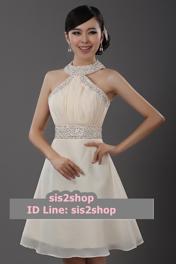 พร้อมส่ง ชุดราตรีสั้น คล้องคอ เว้าไหล่ สีครีม ปักเลื่อมละเอียดช่วงอก คอและเอว