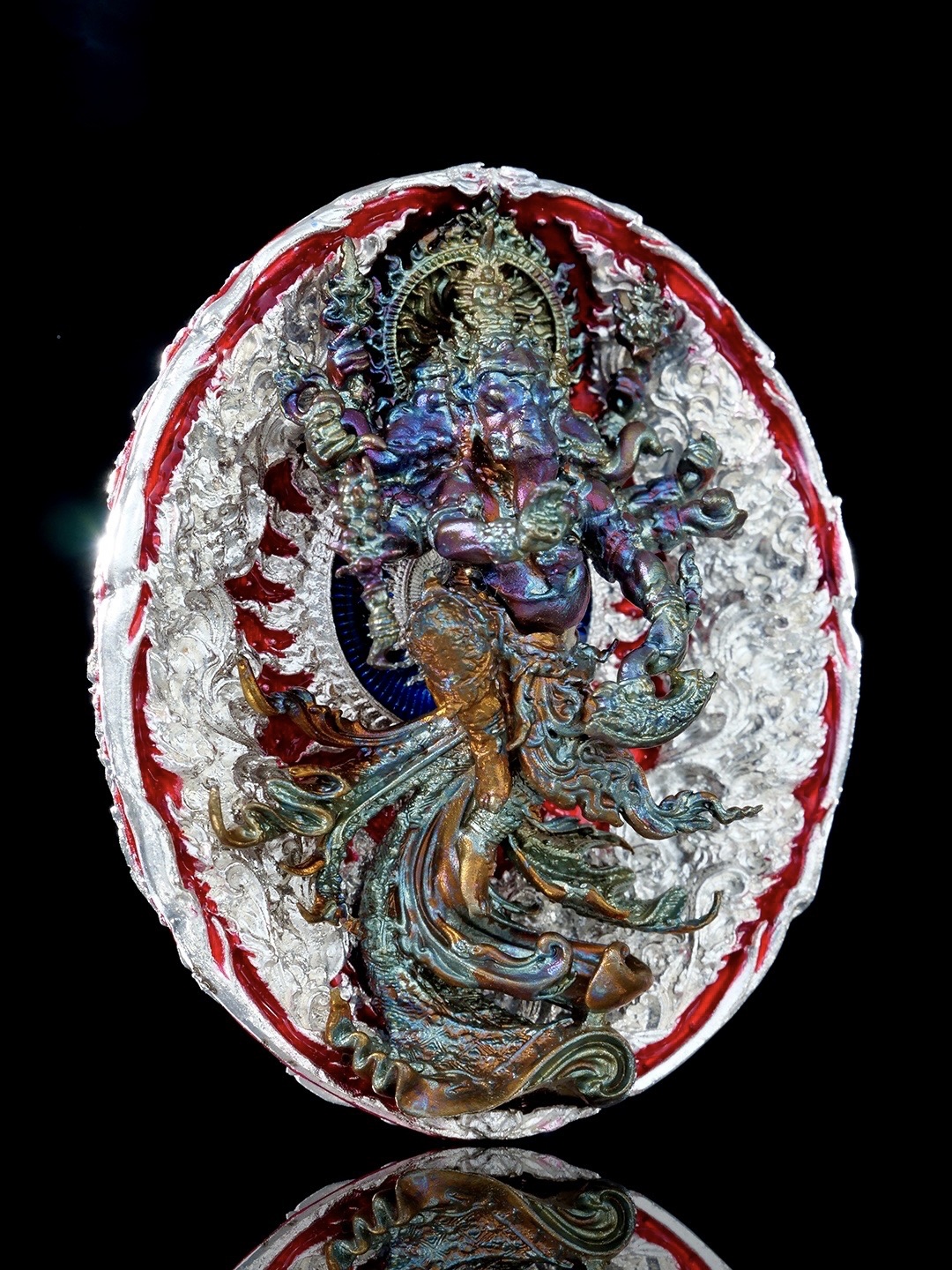 เหรียญพระพิฆเนศสุริยะเทพ สุริยาบินายัค Surya Binayak รายการพิเศษศูนย์จอง เนื้อบรอนซ์ชุบเงินลงยา องค์ชุบรุ้ง