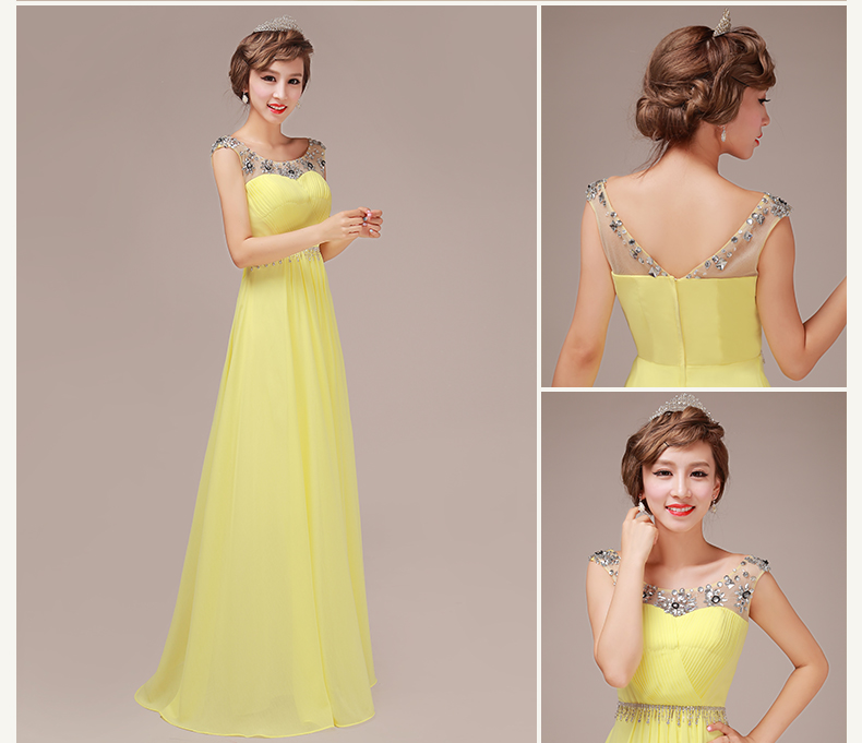 Pre-order ชุดราตรียาว สีเหลือง แขนกุด แต่งเพรชช่วงอก จับจีบ กระโปรงชีฟอง ซิปหลัง