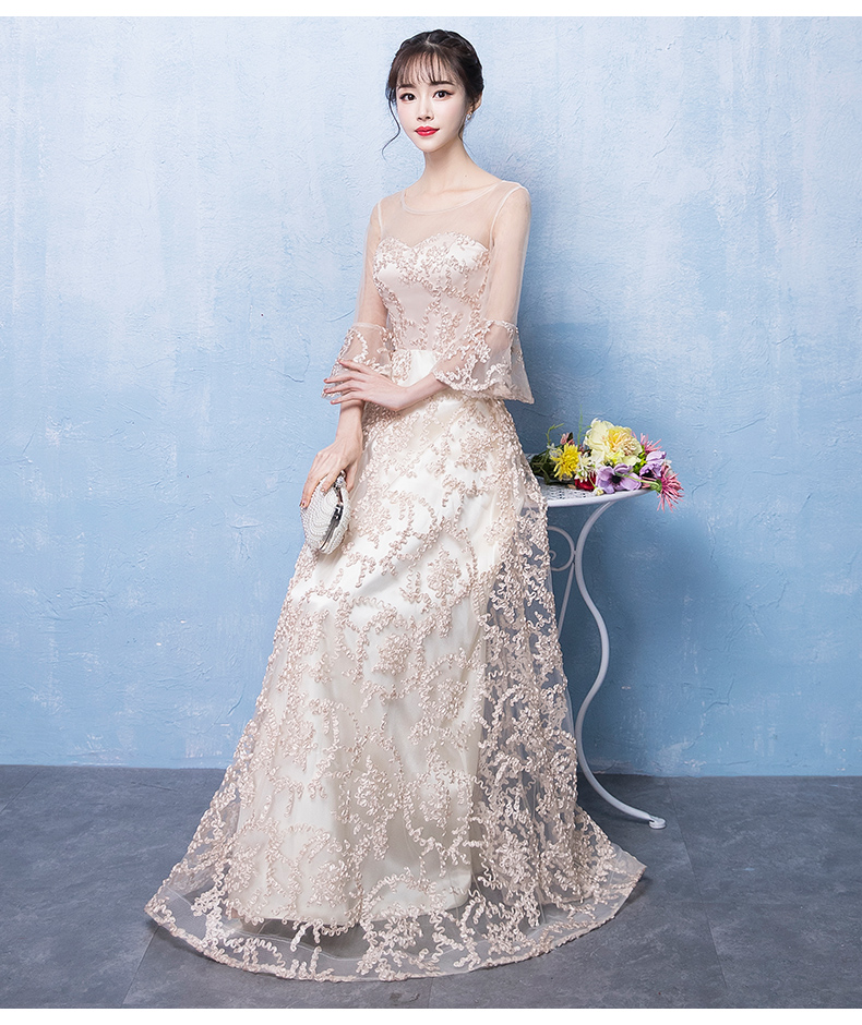 Pre-order ชุดราตรียาวแขนยาวปักดิ้นเป็นลาย ซีทรูช่วงไหล่และแขน ซิปหลัง สวยหรู