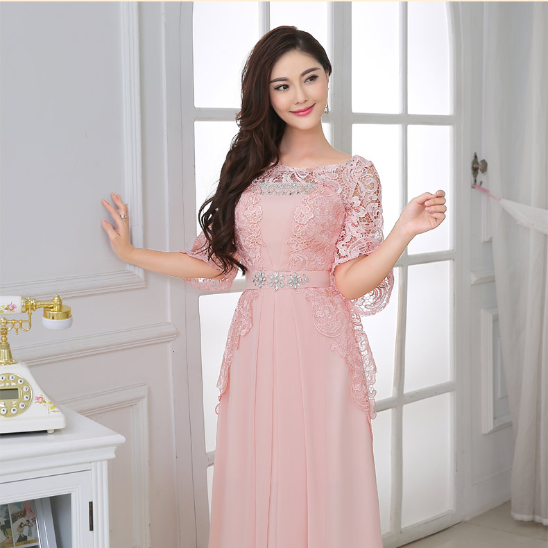 Pre-order ชุดราตรียาว แขนยาว ลูกไม้ สีชมพู กระโปรงชีฟอง แต่งเพชรที่อกและเอว ซิปหลัง