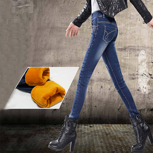 กางเกงยีนส์กันหนาวเอวปกติ ทรงสลิม ซับกำมะหยี่ใส่ติดลบได้ (11656X)
