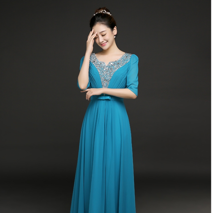 Pro-order ชุดราตรียาว แขน3ส่วน ผ้าชีฟอง ปักเลื่อม ซิปหลัง ไซส์ใหญ่ XS-4XL สำเนา