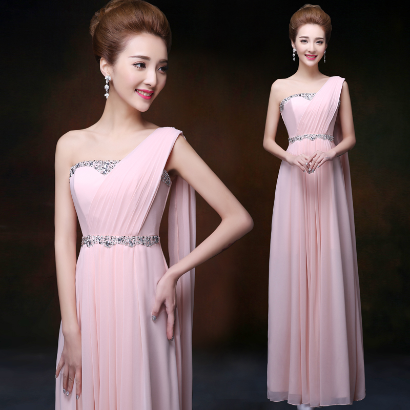 Pro-order ชุดราตรียาว เกาะอก ไหล่เดียว ผ้าชีฟอง ปักเลื่อม แต่งเพชร มีซิปหลัง