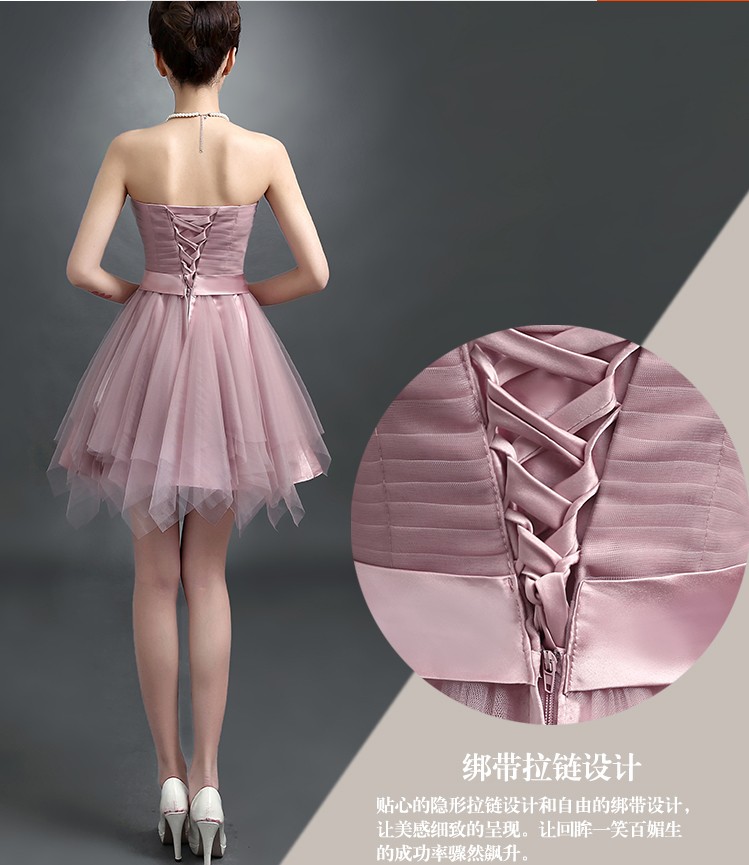 Pre-order ชุดราตรีสั้น ชุดเพื่อนเจ้าสาว เกาะอก คาดเอวด้วยโ่บว์ กระโปรงตาข่าย เชือกผูกหลัง