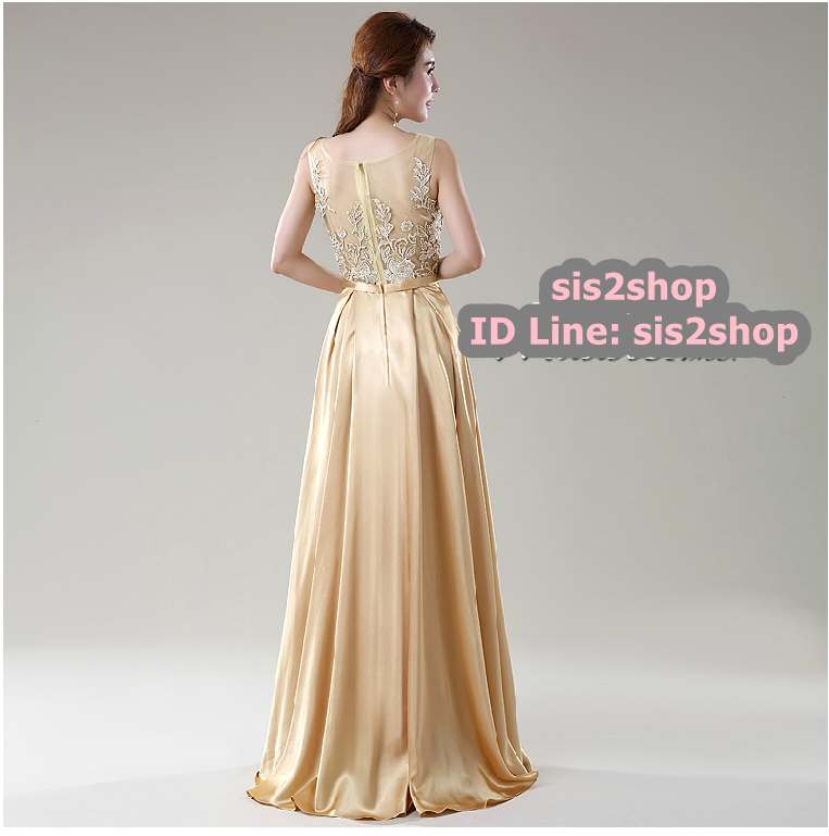 พร้อมส่ง ชุดราตรียาว สีทอง ปักลูกไม้ ด้านหลังเป็นแบบซีทรู กระโปรงผ้าซาติน