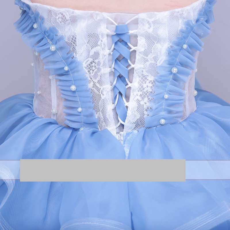 Pre-orderชุดแฟนซีชุดราตรีสั้นเกาะอกแต่งดอกและผ้าลูกไม้ กระโปรงระบาย