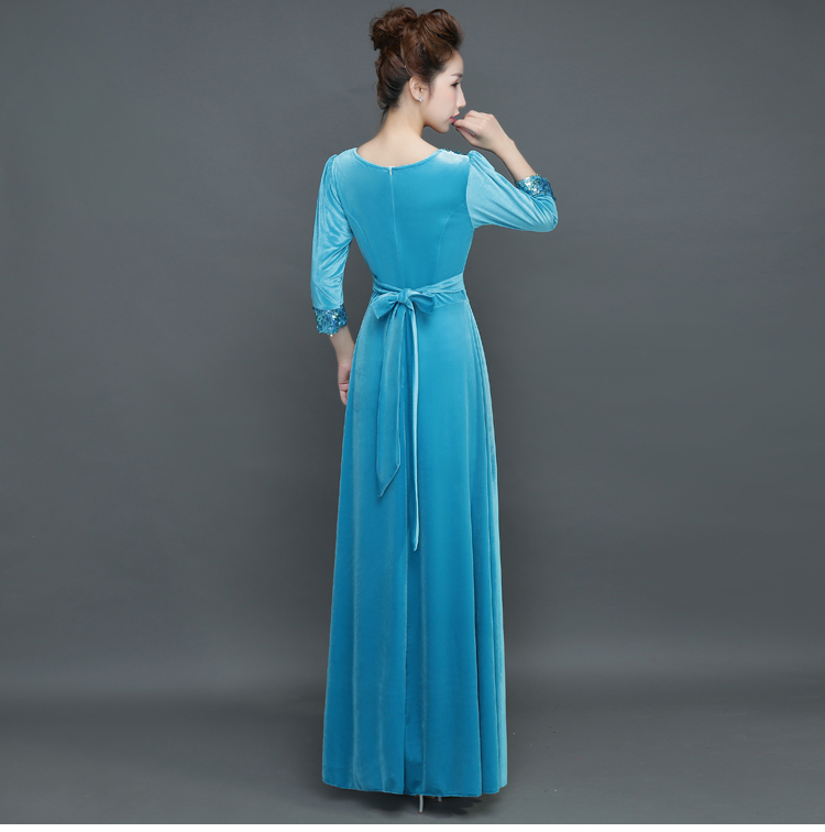 Pro-order ชุดราตรียาว แขนยาว คอวี ผ้ากำมะหยี่ แต่งเลื่อม ซิปหลัง ไซส์ใหญ่ XS-4XL