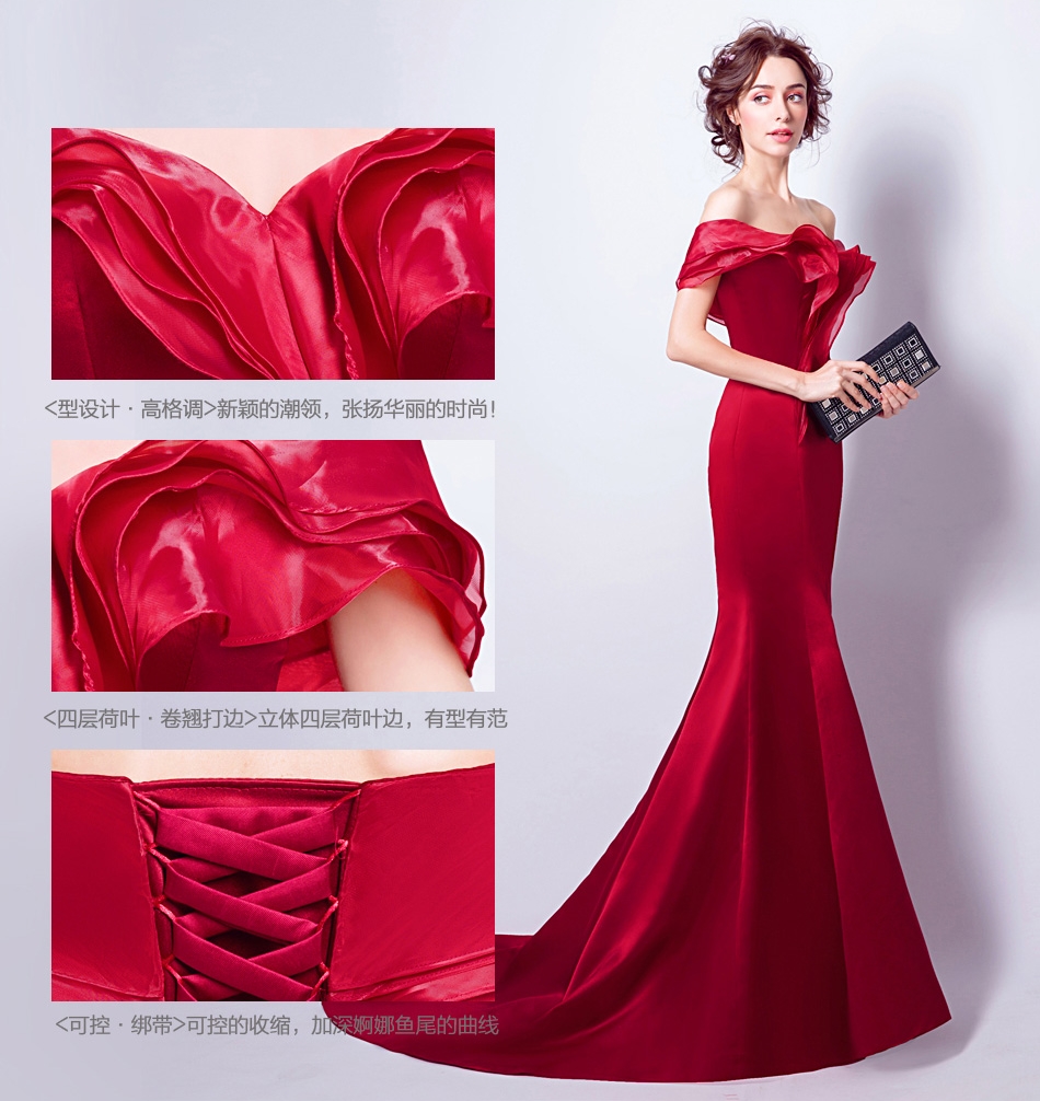 Pre-order ชุดแฟนซี ชุดเจ้าสาว ชุดราตรียาว สีไวน์แดง ไหล่ปาด จับเดรปช่วงอก กระโปรงทรงหางปลา เชือกผูกหลัง