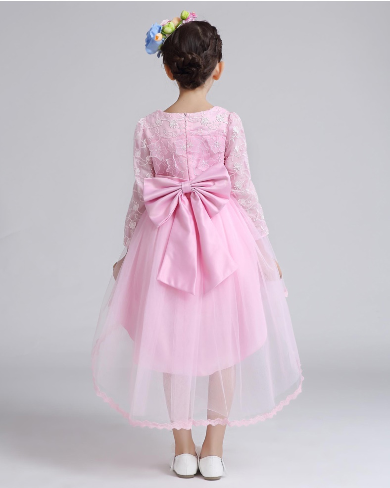 Pre-order ชุดราตรีเด็ก หน้าสั้นหลังยาว แขนยาว ผ้าลูกไม้ กระโปรงตาข่าย ปักเลื่อม แต่งดอกไม้ แต่งโบว์ ซิปหลัง