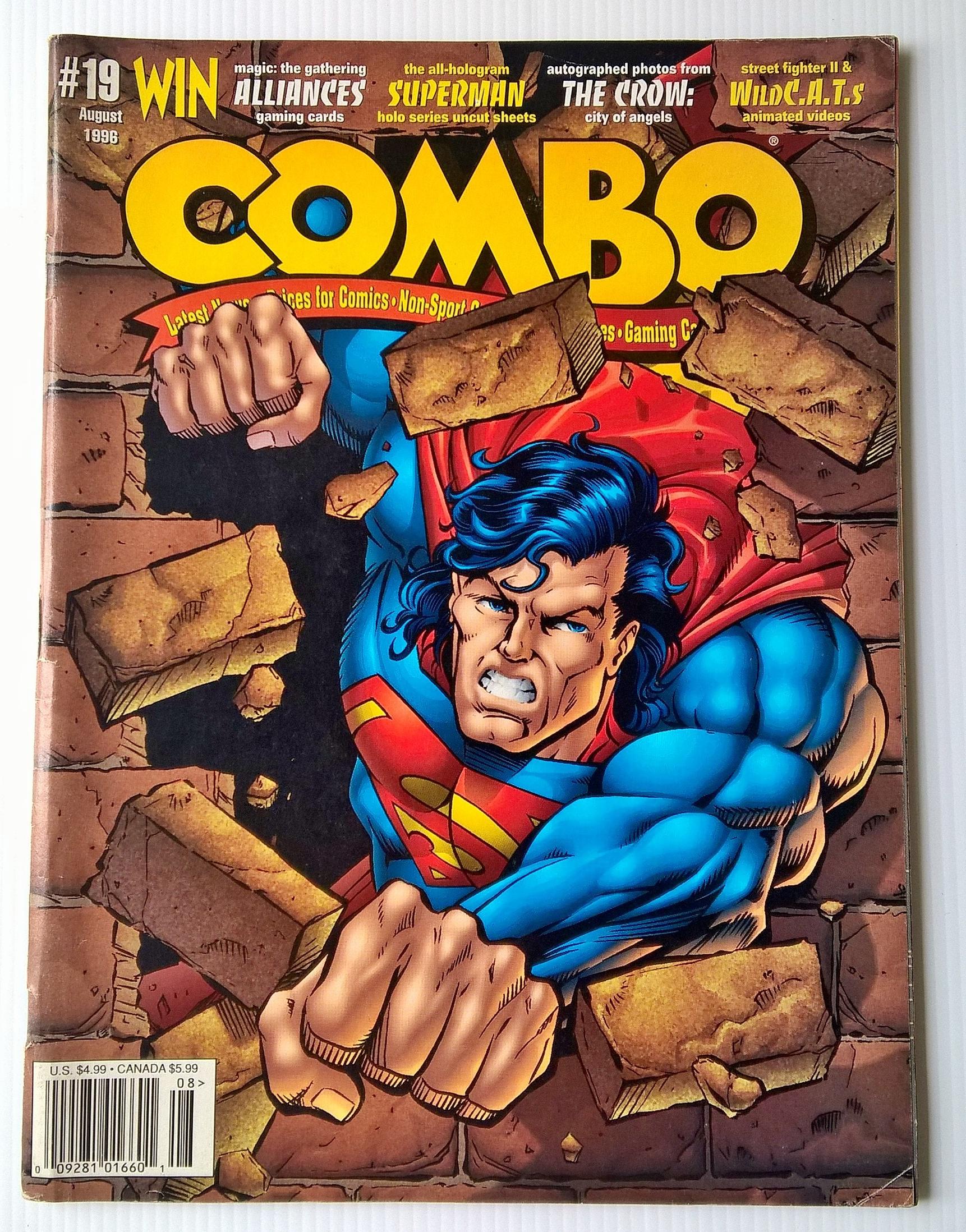 นิตยสารแนวการ์ตูนเก่า COMBO #19 August 1996 ในเล่ม magic:the gathering Alliances gaming cards the all-hologram Superman holo series uncut sheet autographed photos from The Crow: city of angels street fighter II & animated videos