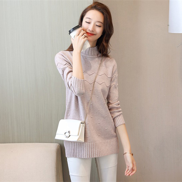 เสื้อสเวตเตอร์ไหมพรมคอเต่าตัวยาว ผ้าหนานุ่มถักลายนูน (12167B)