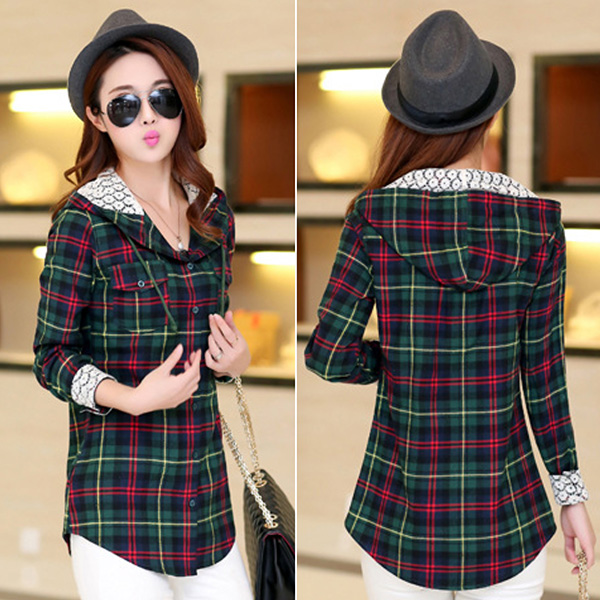 เสื้อแจ็คเก็ตเชิ้ตลายสก็อตผ้านิ่ม มีฮู้ดซับผ้าลูกไม้ (11222AL)