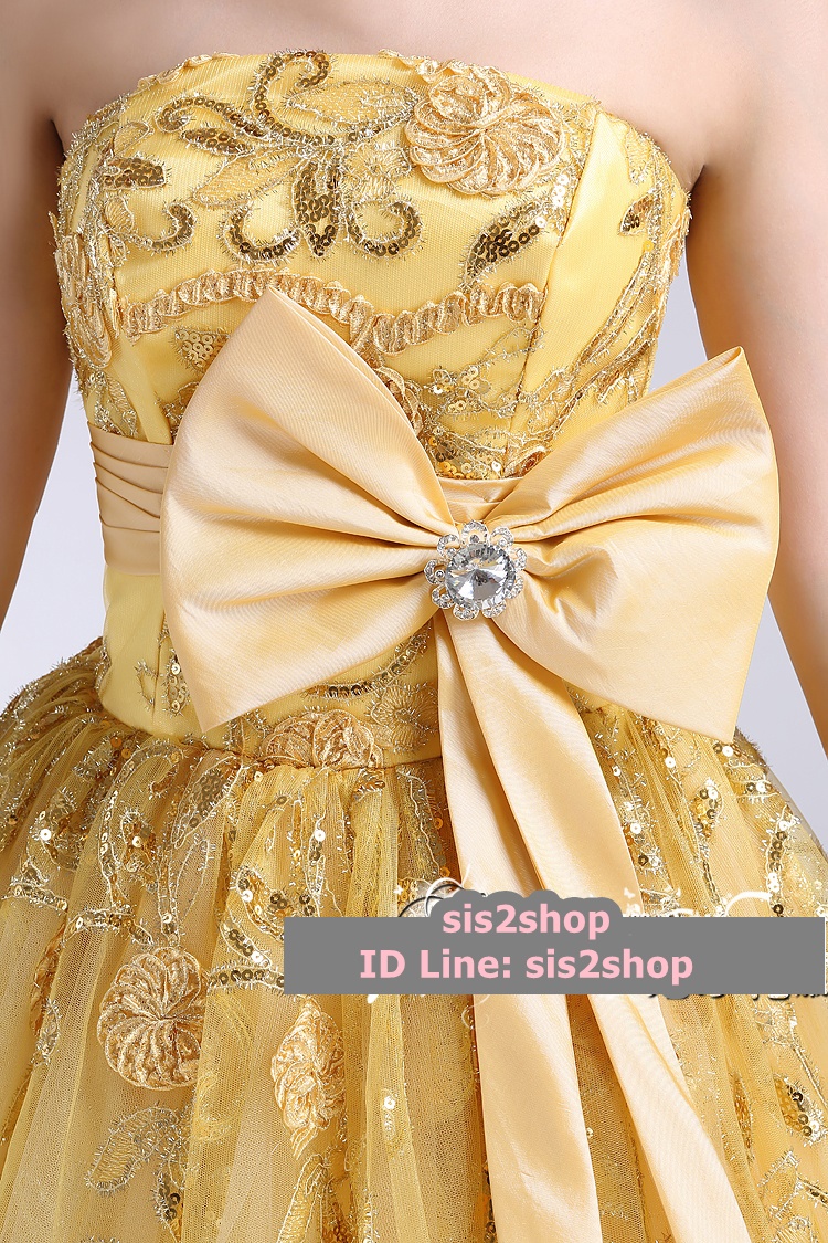 พร้อมเช่า ชุดแฟนซี ชุดราตรี สีเหลือง ลูกไม้ปักทั้งตัว แต่งโบว์ที่เอว (เชือกผูกหลัง)