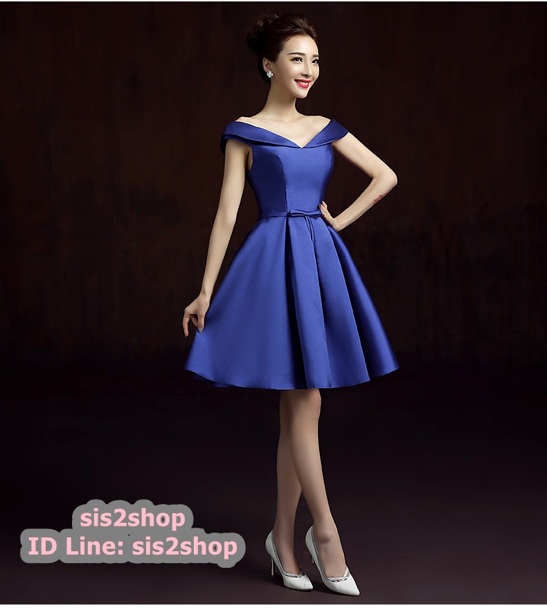 พร้อมส่ง ชุดราตรีสั้น แบบไหล่ปาด สไตล์วินเทจผ้าไหมดัชเชส กระโปรงทรงA แต่งโบว์ช่วงเอว (เชือกผูกหลัง) สีน้ำเงิน
