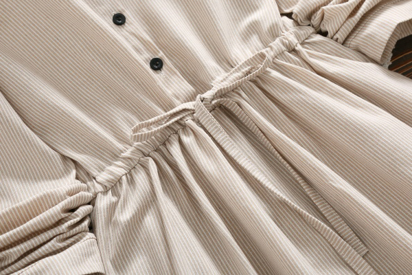 เดรสเชิ้ตแขนยาว เอวผูกจั๊ม แต่งปักแมวสไตล์วินเทจ (12315LM)