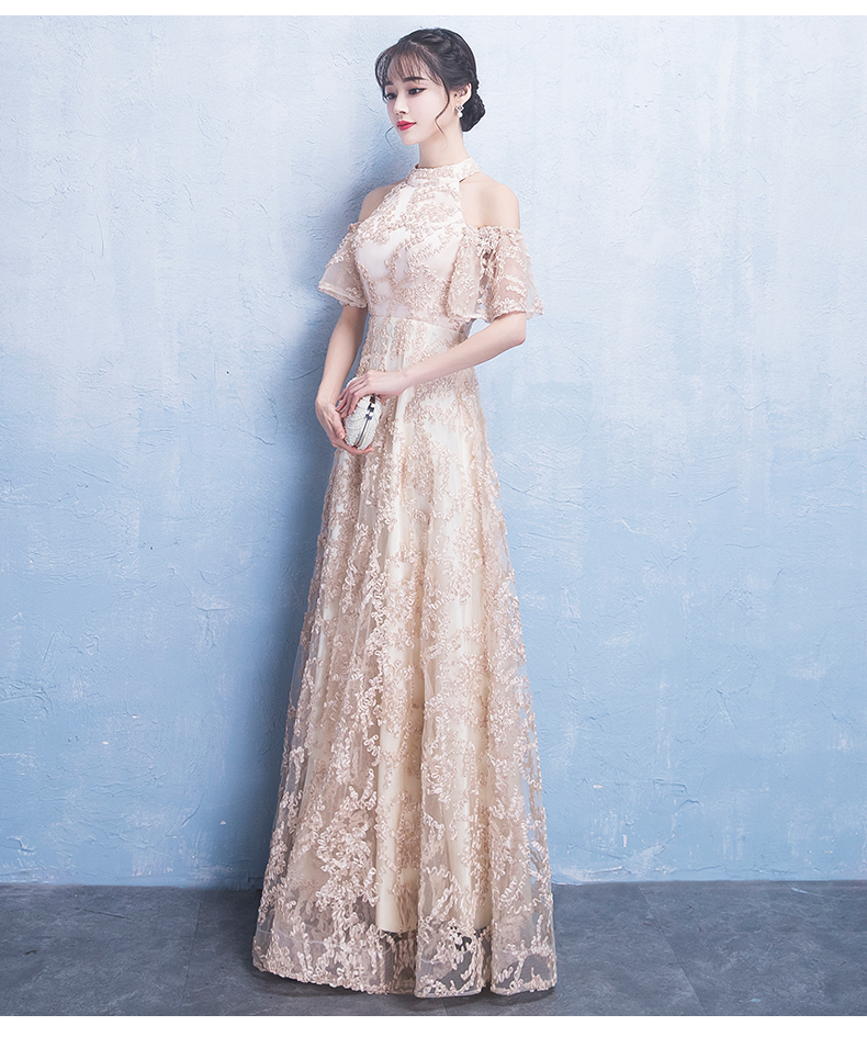 Pre-order ชุดราตรียาวคล้องคอระบายแขน ปักดิ้นเป็นลาย สวยหรู ซิปหลัง